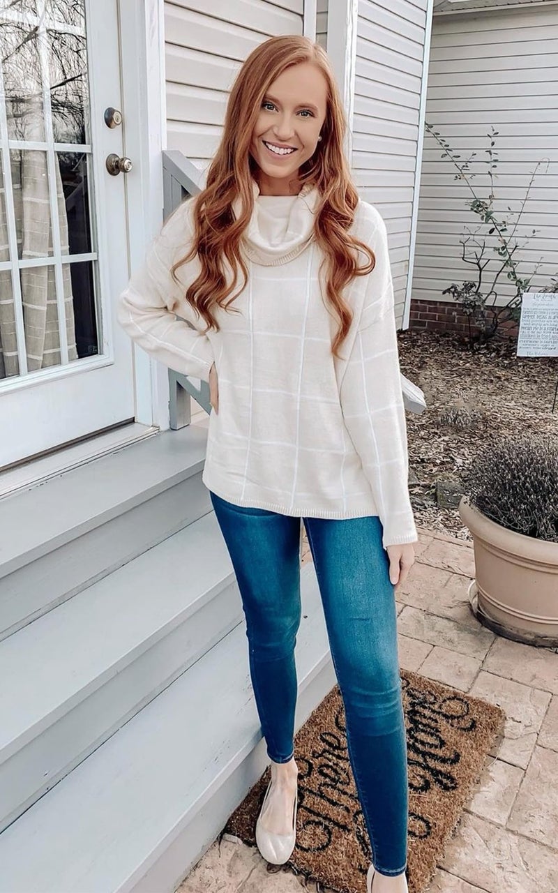 ECOWISH Women Fall Pullover Sweater Turtleneck Plaid Long Sleeve Loose Casual Chunky Checked Knit Winter Sweaters Jumper Tops 014beige M - Image 3